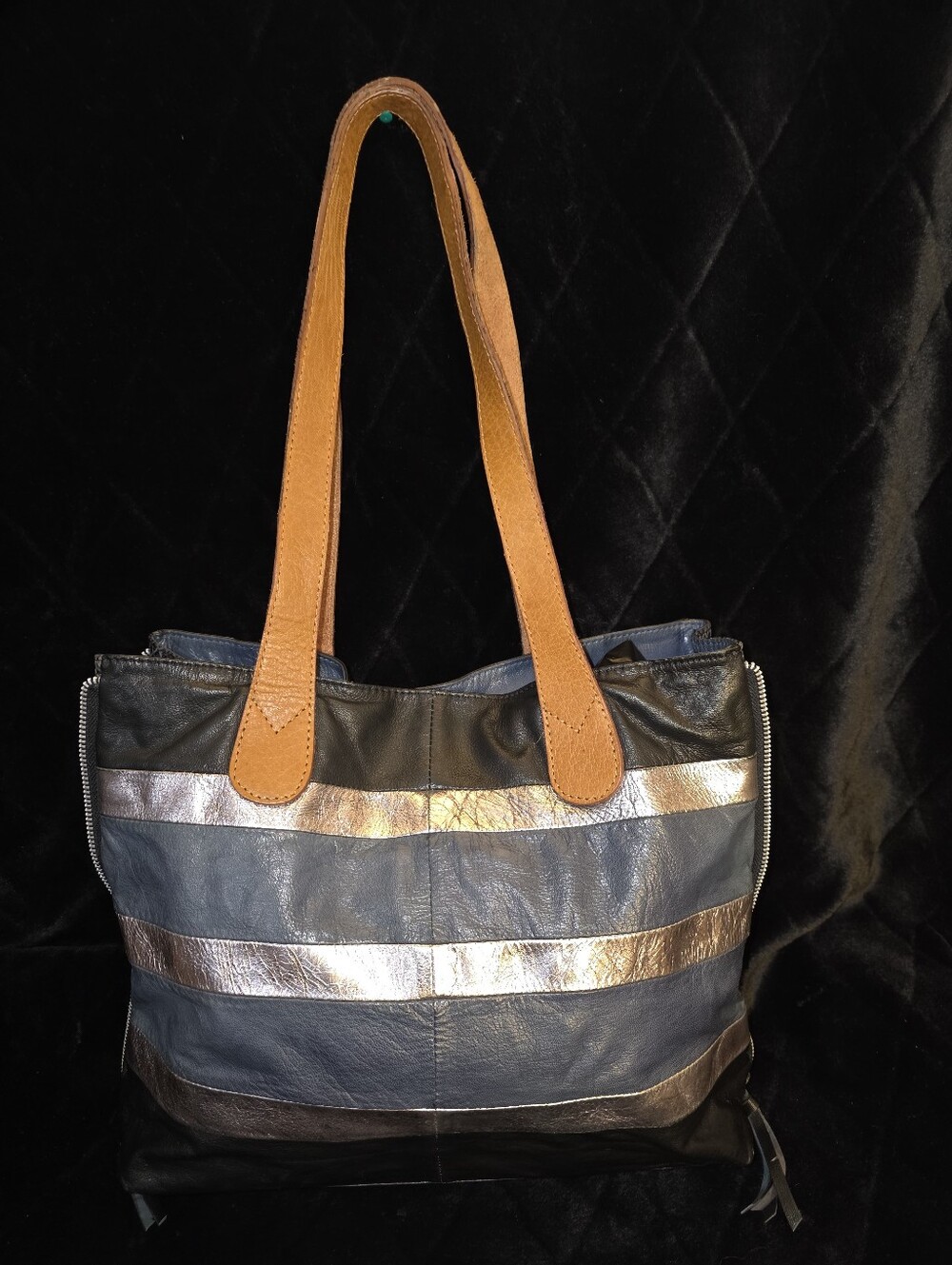 Nino BOSSI Navy, Black and Metallic Silver Striped Tote with Tan Handles